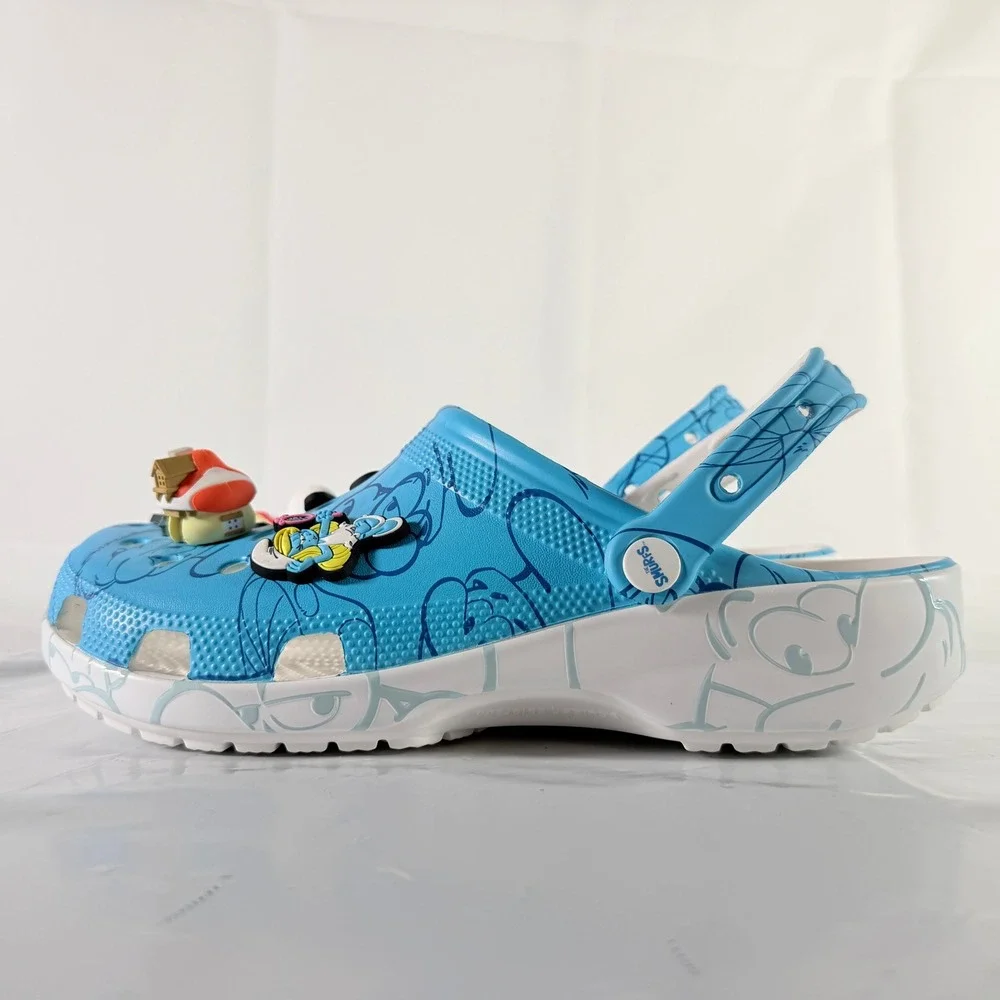Crocs Smurfs Classic Clog Men 11 Blue White Allover Print Jibbitz Charms NWT